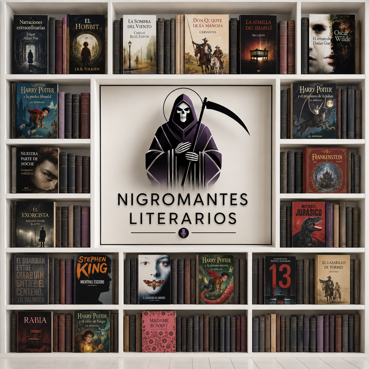 Logo de Nigromantes con todos los libros que hemos analizado en seis temporadas